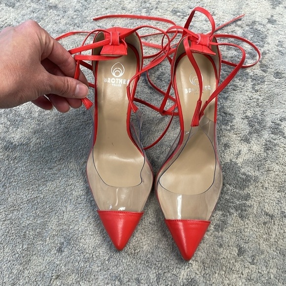 Brother Vellies De Fleur Ankle Tie Pointed Toe Pumps Red Orange PVC Sz 6 - Picture 5 of 15